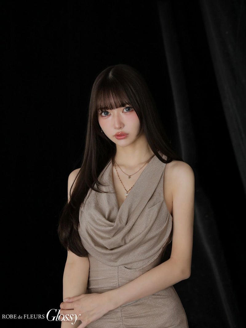 Glossy ローブドフルールグロッシー 【XSサイズあり】 ラメニットカウルネックシャーリングノースリーブタイトキャバドレス gl3967