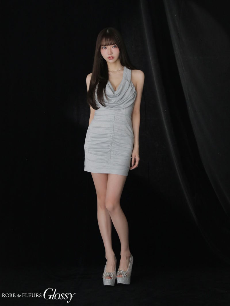 Glossy ローブドフルールグロッシー 【XSサイズあり】 ラメニットカウルネックシャーリングノースリーブタイトキャバドレス gl3967