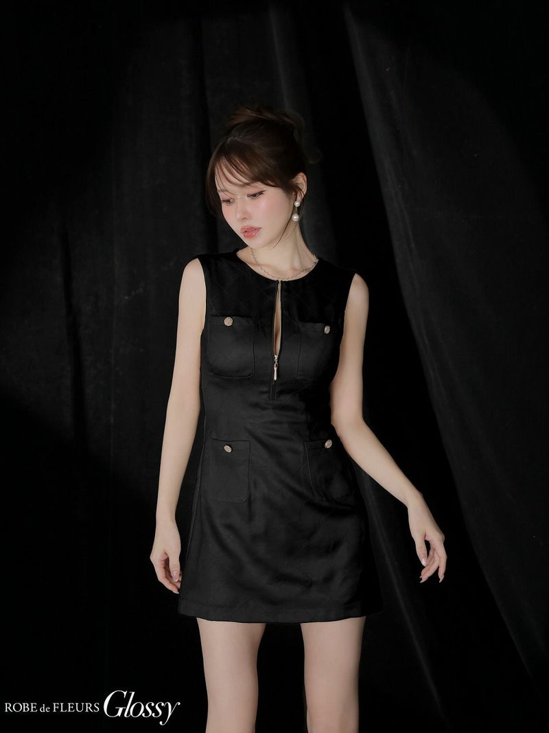 Glossy ローブドフルールグロッシー 【XS～Lサイズあり】レザーVネックノースリーブミニキャバドレス gl3492