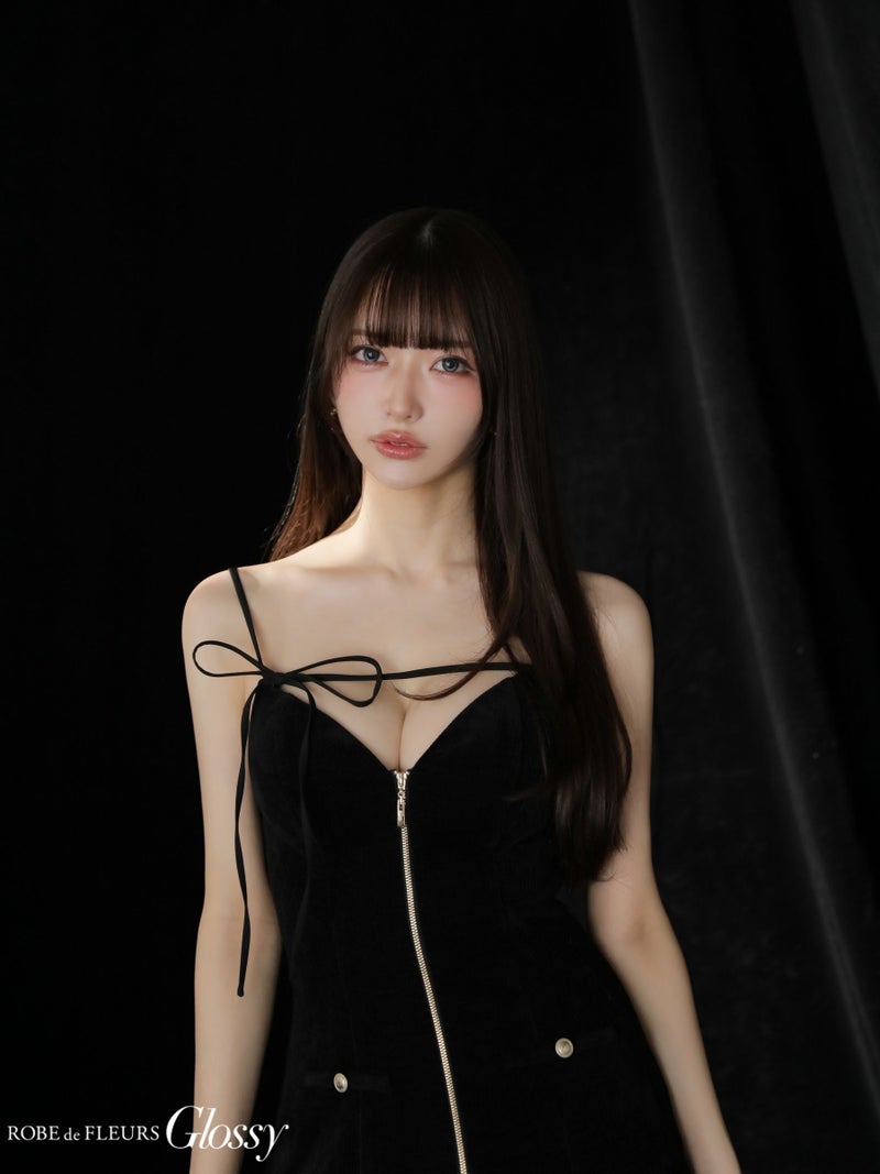 Glossy ローブドフルールグロッシー 【XSサイズあり】バストリボンラメツイードキャミフレアミニキャバドレス gl4316