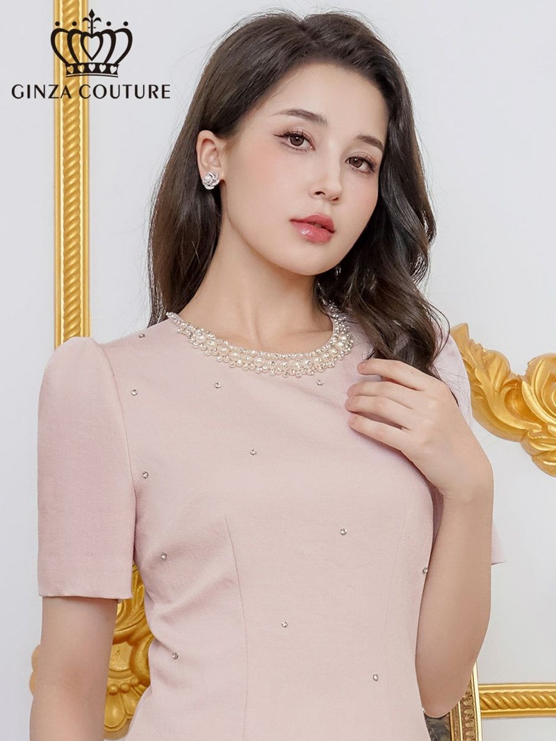 ERUKEI エルケイ 半袖・パール・ラインストーン・Aライン・ミニドレス・ワンピース ek-c2872