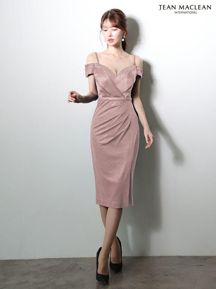 JEAN MACLEAN ジャンマクレーン ワンカラー/オフショル/ラメニット/タックデザイン/タイト ミディアムドレス  ja61023