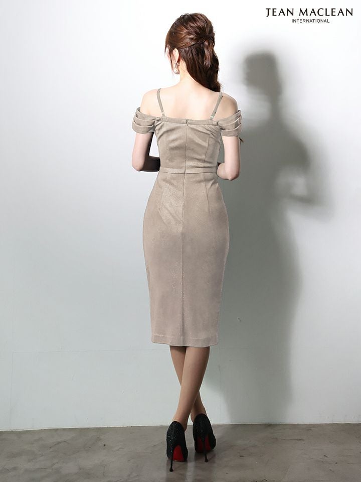 JEAN MACLEAN ジャンマクレーン ワンカラー/オフショル/ラメニット/タックデザイン/タイト ミディアムドレス  ja61023