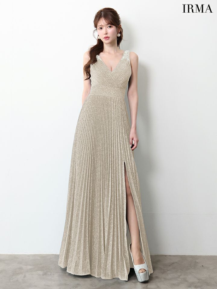 IRMA イルマ ワンカラー/シンプル/ラメニット/Vネック/プリーツ/スリット入り/ロングドレス ir61029