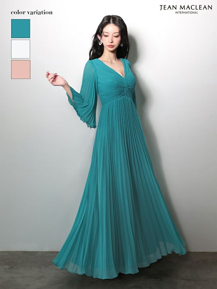 JEAN MACLEAN ジャンマクレーン ロングフレアスリーブ/シフォン/ワンカラー/Aライン/プリーツ/ロングドレス ja61034