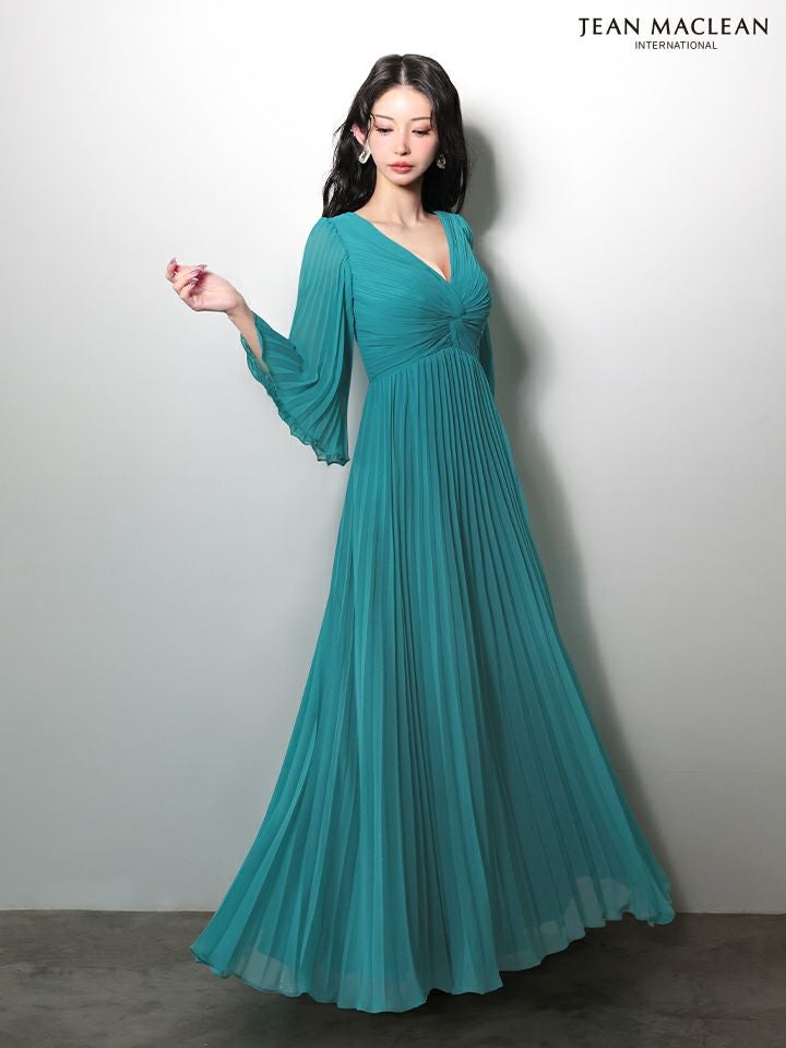 JEAN MACLEAN ジャンマクレーン ロングフレアスリーブ/シフォン/ワンカラー/Aライン/プリーツ/ロングドレス ja61034
