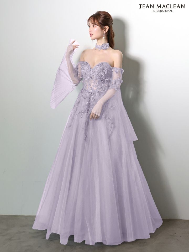 JEAN MACLEAN ジャンマクレーン 立体フラワーモチーフ/ロングフレアスリーブ/チョーカー付き/姫/ロングドレス ja61037