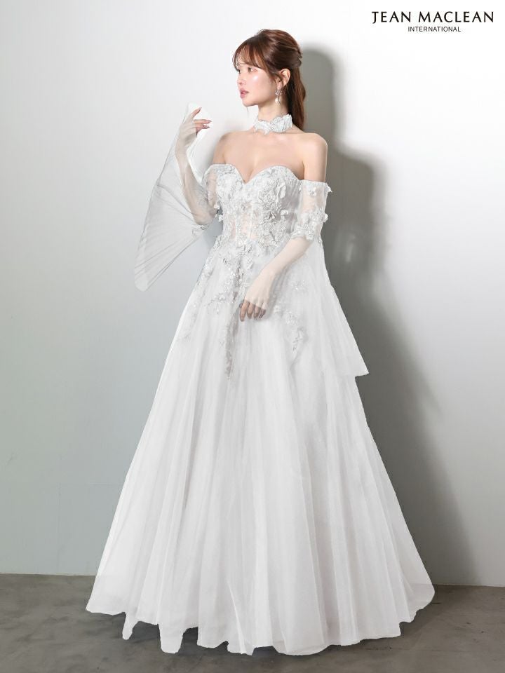 JEAN MACLEAN ジャンマクレーン 立体フラワーモチーフ/ロングフレアスリーブ/チョーカー付き/姫/ロングドレス ja61037