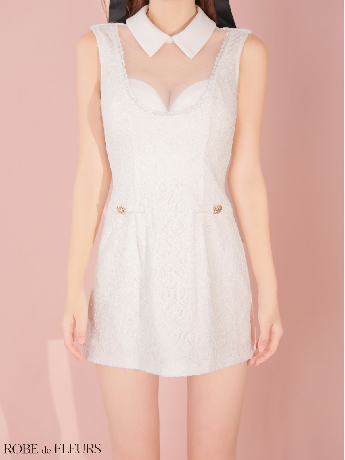 ROBE de FLEURS ローブドフルール 【XSサイズあり】襟付きシースルーデコルテレースミニキャバドレス fm3490-c