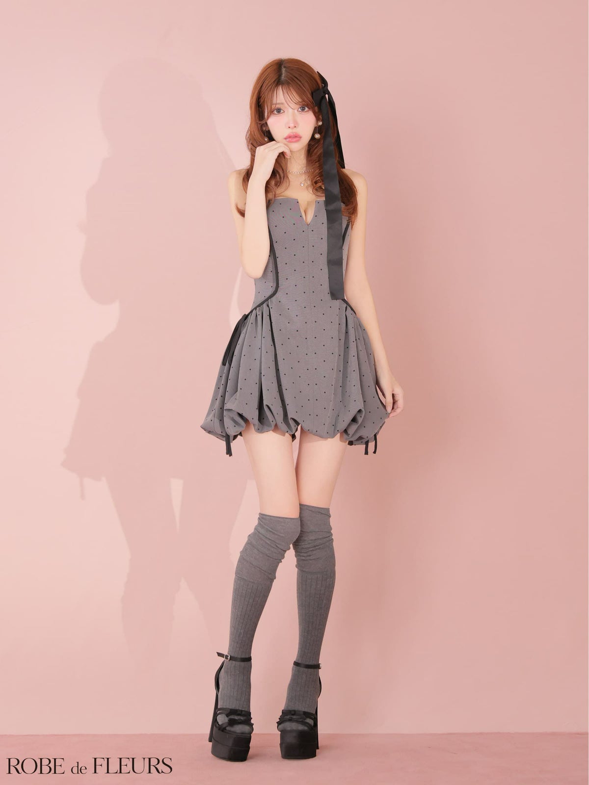 ROBE de FLEURS ローブドフルール 【XSサイズあり】ドット柄バルーンミニキャバドレス fm4702-c
