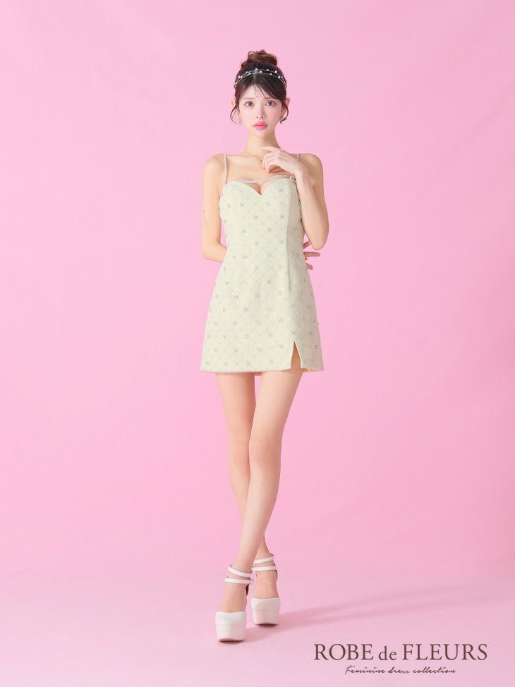 ROBE de FLEURS ローブドフルール ビジューリボンハートカットタイトミニキャバドレス【デコルテパーツ取り外し可能】 fm3426