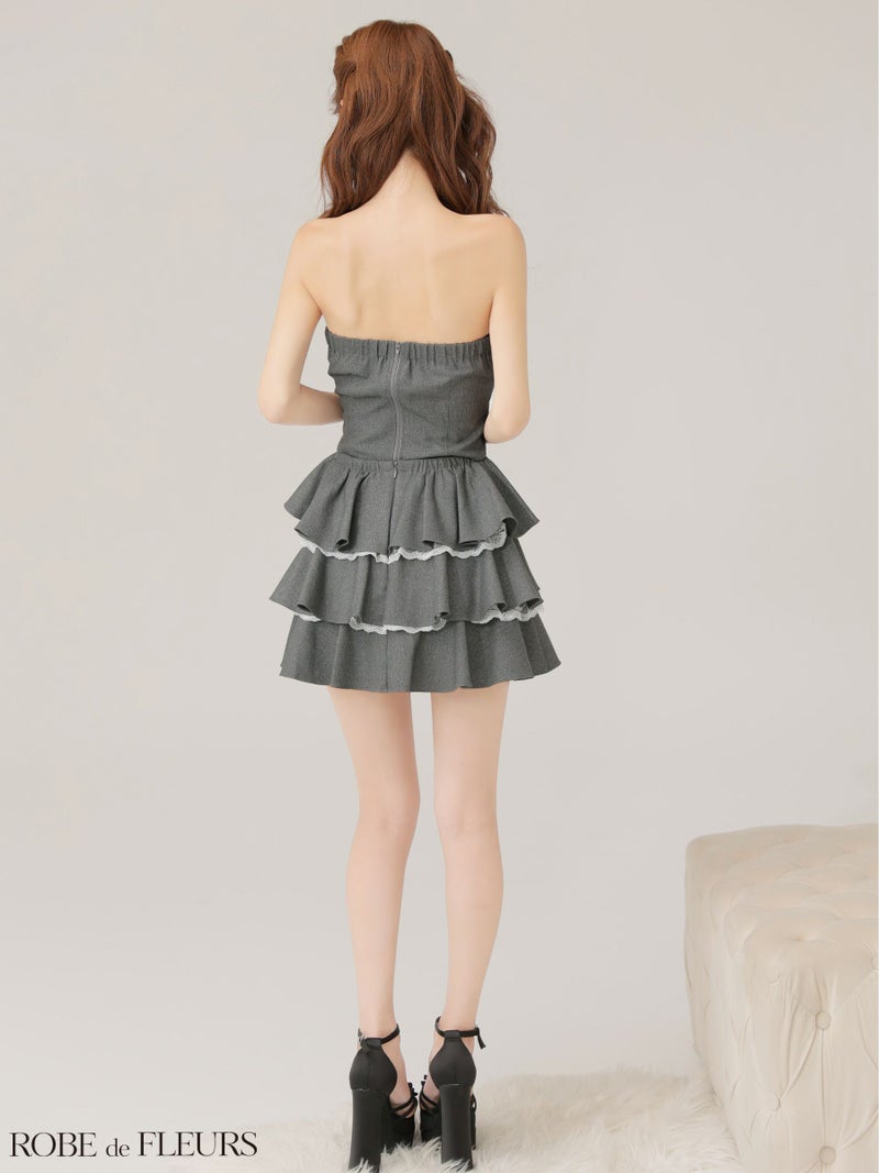 ROBE de FLEURS ローブドフルール 【XSサイズあり】 ラメツイルフリルセットアップフレアミニキャバドレス fm4328