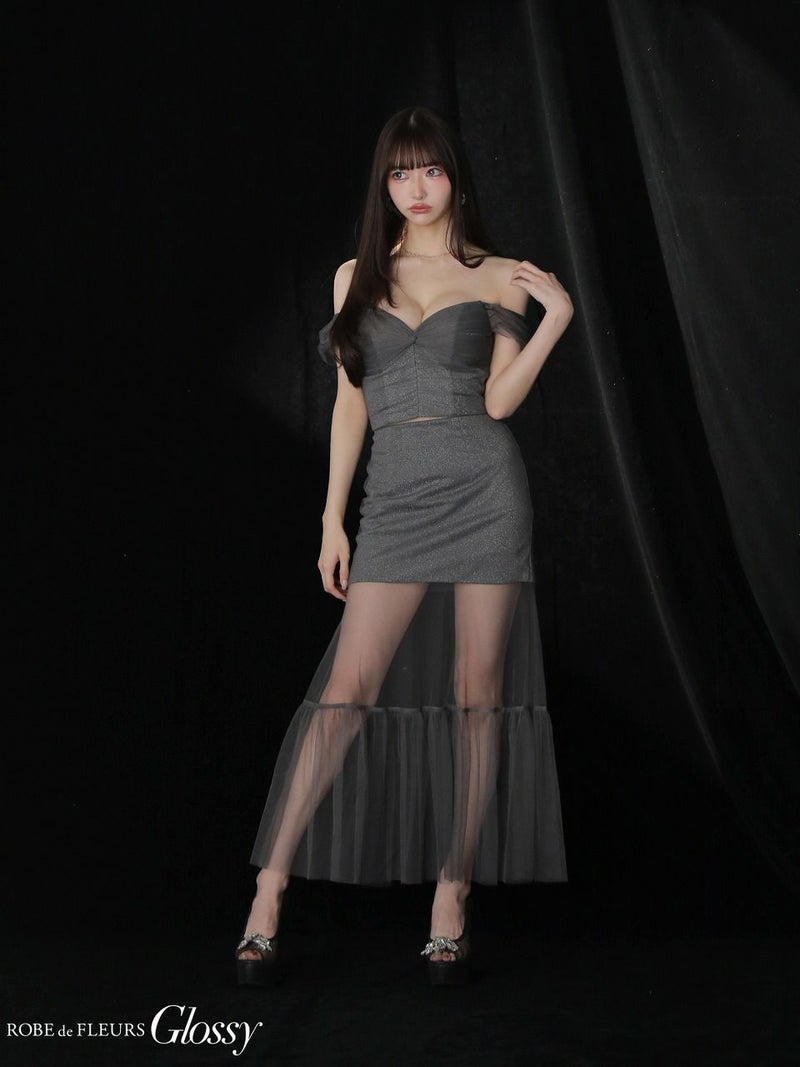 Glossy ローブドフルールグロッシー ラメニットオフショルセットアップロングキャバドレス gl3968