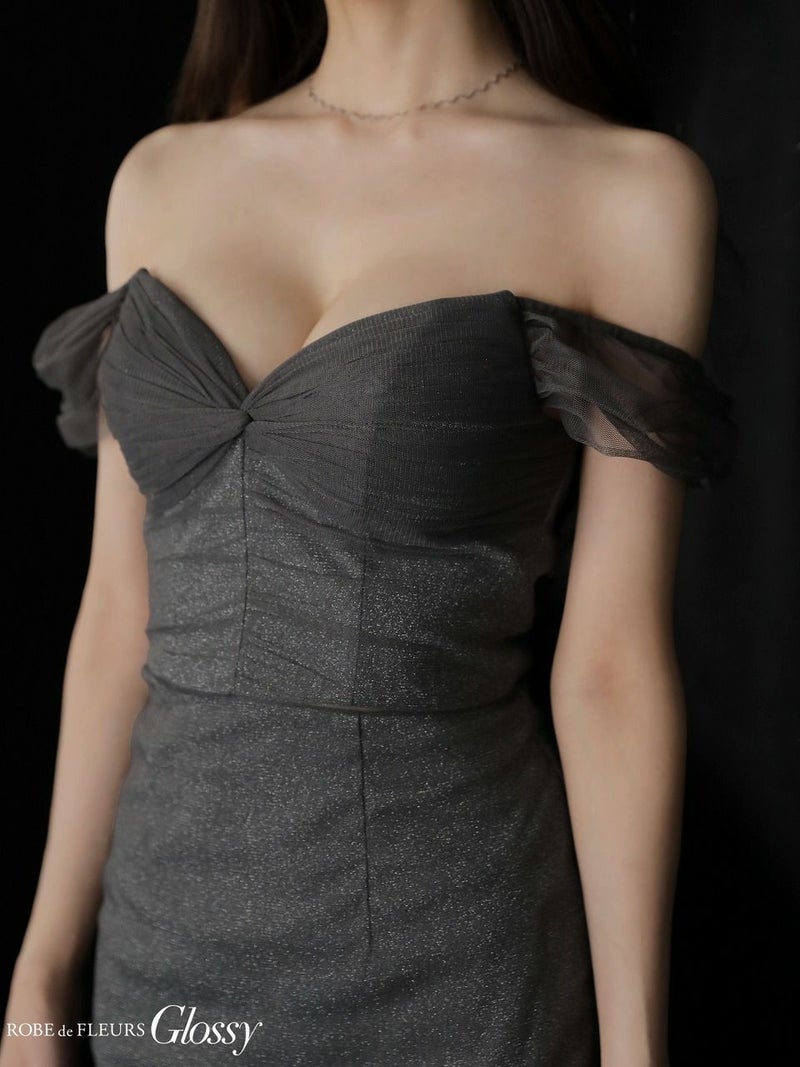 Glossy ローブドフルールグロッシー ラメニットオフショルセットアップロングキャバドレス gl3968