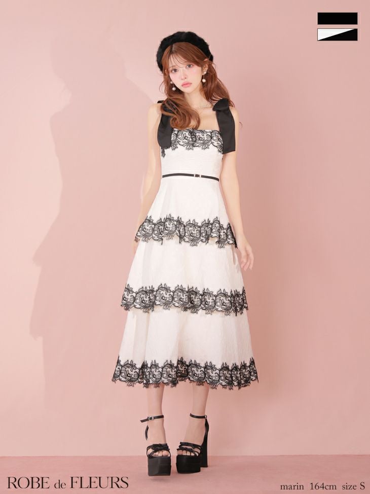 ROBE de FLEURS ローブドフルール 【Lサイズあり】 ジャガードレースティアードロングキャバドレス fm3487