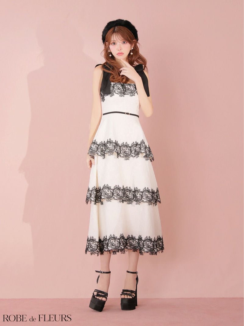 ROBE de FLEURS ローブドフルール 【Lサイズあり】 ジャガードレースティアードロングキャバドレス fm3487