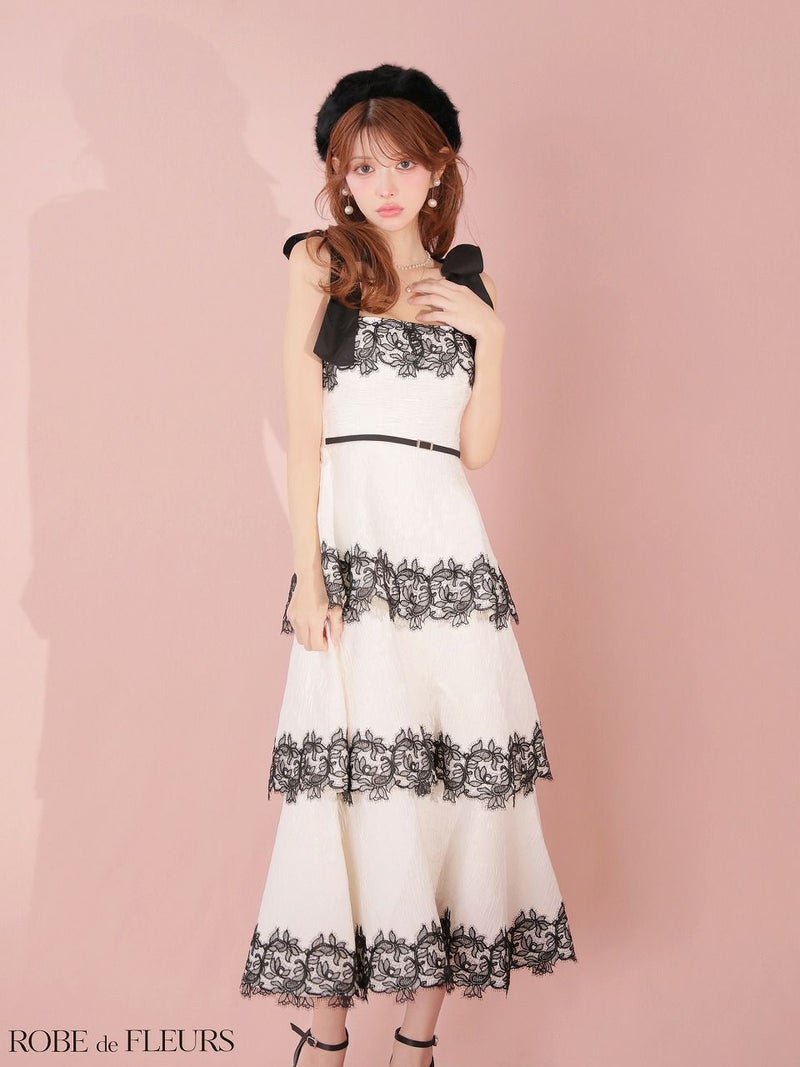 ROBE de FLEURS ローブドフルール 【Lサイズあり】 ジャガードレースティアードロングキャバドレス fm3487