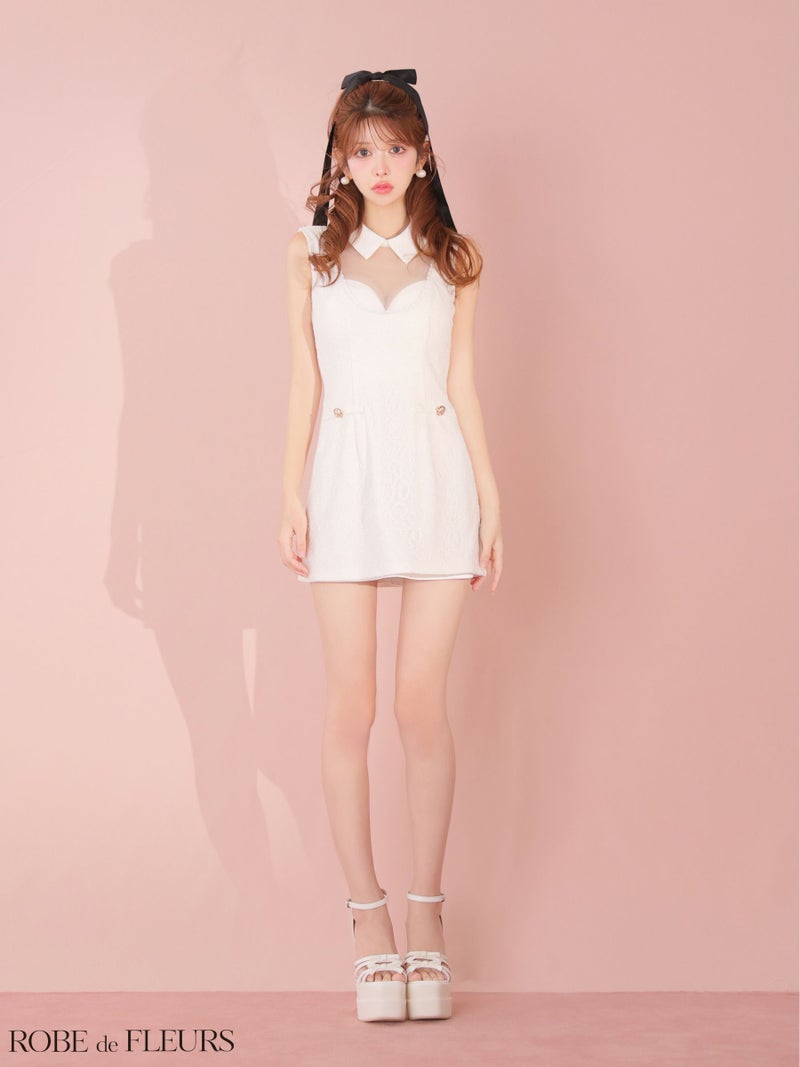 ROBE de FLEURS ローブドフルール 【XSサイズあり】襟付きシースルーデコルテレースミニキャバドレス fm3490