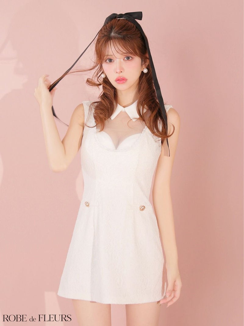 ROBE de FLEURS ローブドフルール 【XSサイズあり】襟付きシースルーデコルテレースミニキャバドレス fm3490