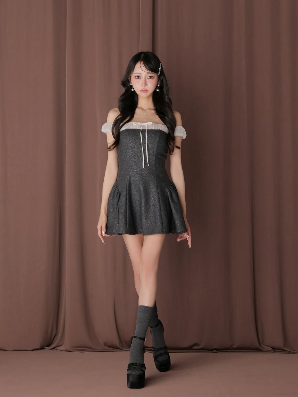 ROBE de FLEURS anier.ROBE ローブドフルール アニエルローブ 【XSサイズあり】 Glitter flannel off-the-shoulder mini dress グリッターフランネルオフショルミニドレス fm-anier4058