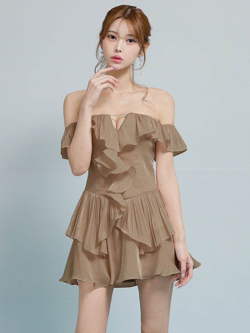 AngelR エンジェルアール オフショルダーバストカットビジューチェーンフリルフレアマイクロミニドレス ar26806