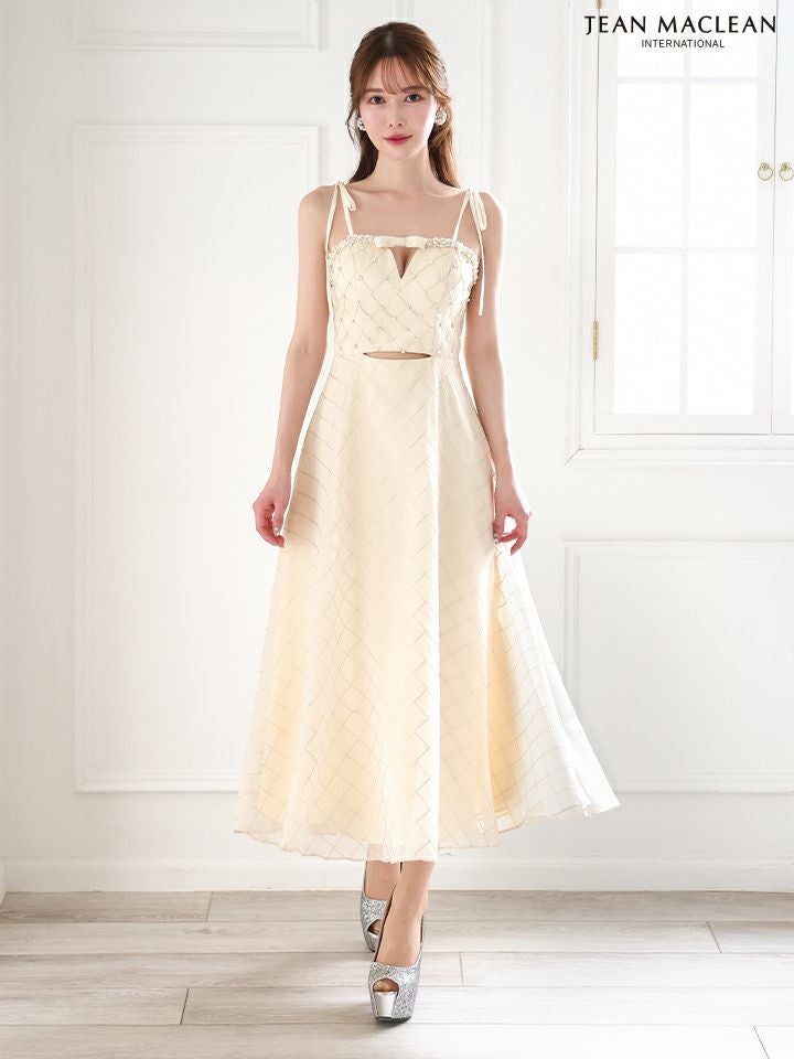JEAN MACLEAN ジャンマクレーン キルティング/リボンブローチ/パールビジュー/カットアウト/ミモレ丈/フレア/ミディアムドレス ワンピース ja51874
