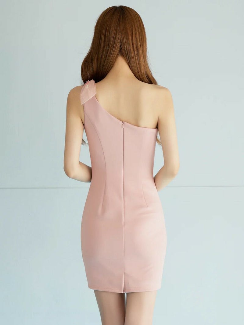 AngelR エンジェルアール ワンショルダーリボンメッシュビジューフラワータイトマイクロミニドレス ar26204