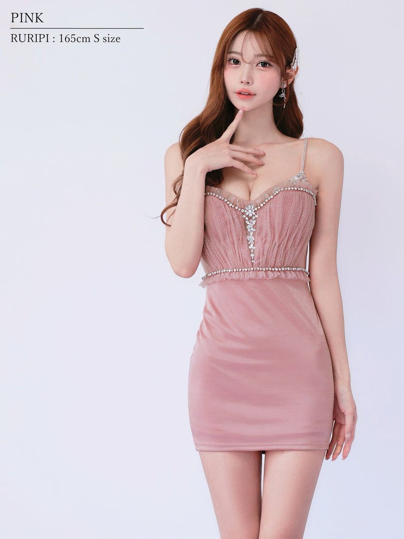 AngelR エンジェルアール フロントメッシュVカットビジューフリルウエストマークタイトマイクロミニドレス ar26202