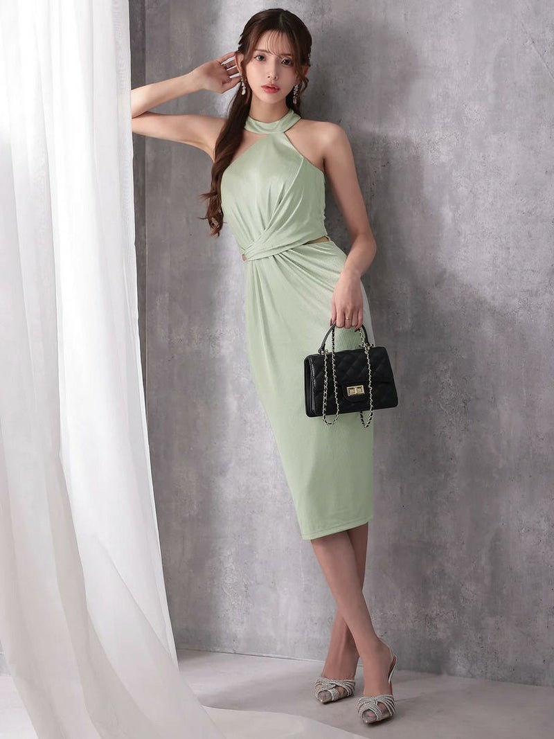 Veautt ヴュート アシンメトリーホルターネックウエストクロスデザインサイドカットタイトミディアムドレス vt022603