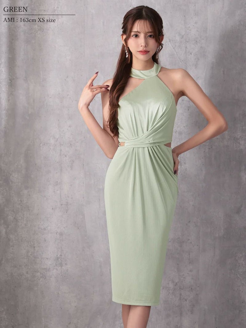 Veautt ヴュート アシンメトリーホルターネックウエストクロスデザインサイドカットタイトミディアムドレス vt022603