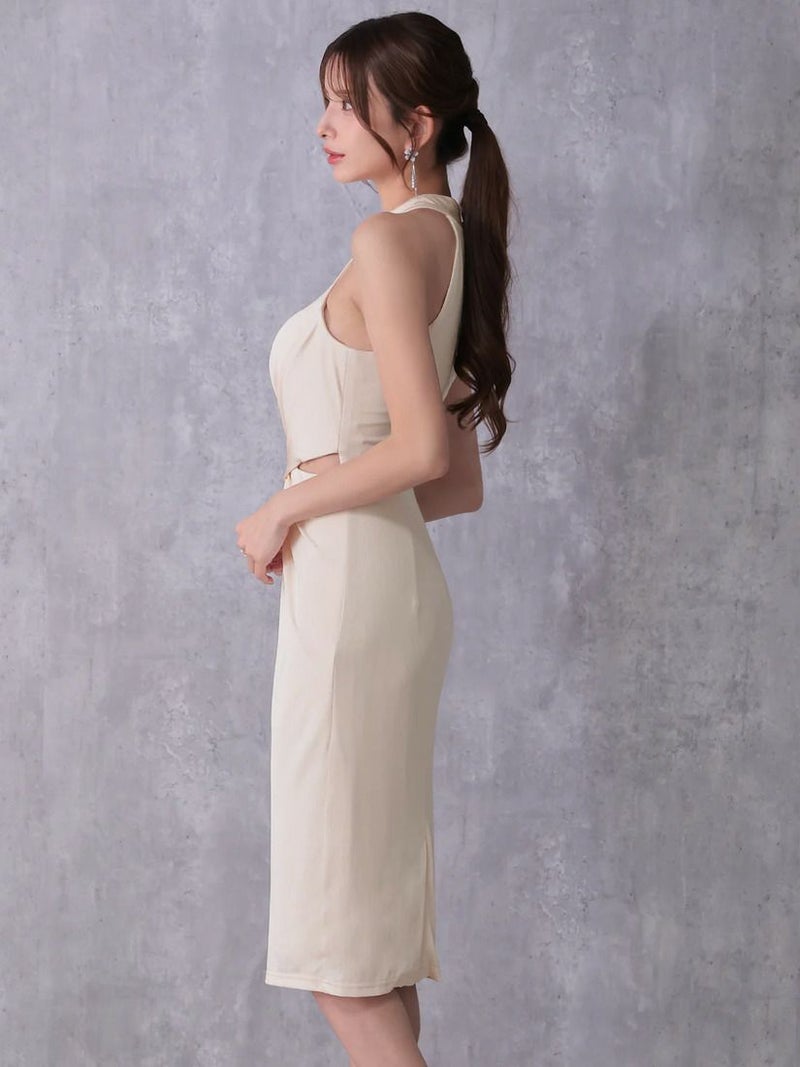 Veautt ヴュート アシンメトリーホルターネックウエストクロスデザインサイドカットタイトミディアムドレス vt022603