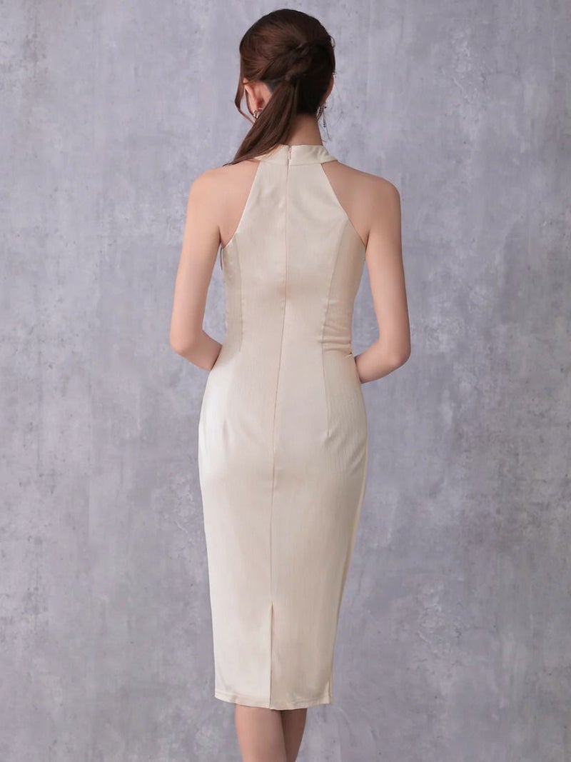 Veautt ヴュート アシンメトリーホルターネックウエストクロスデザインサイドカットタイトミディアムドレス vt022603