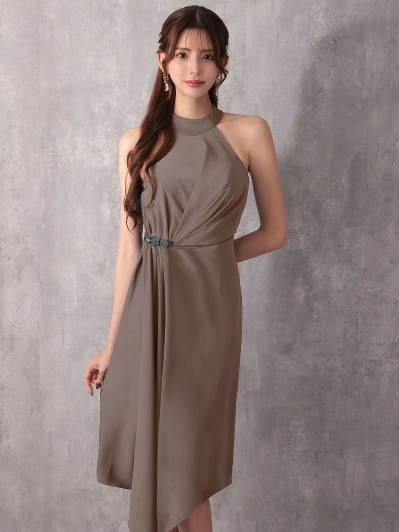 Veautt ヴュート ホルターネックウエストベルトアシンメトリーフレアミディアムドレス  vt022601