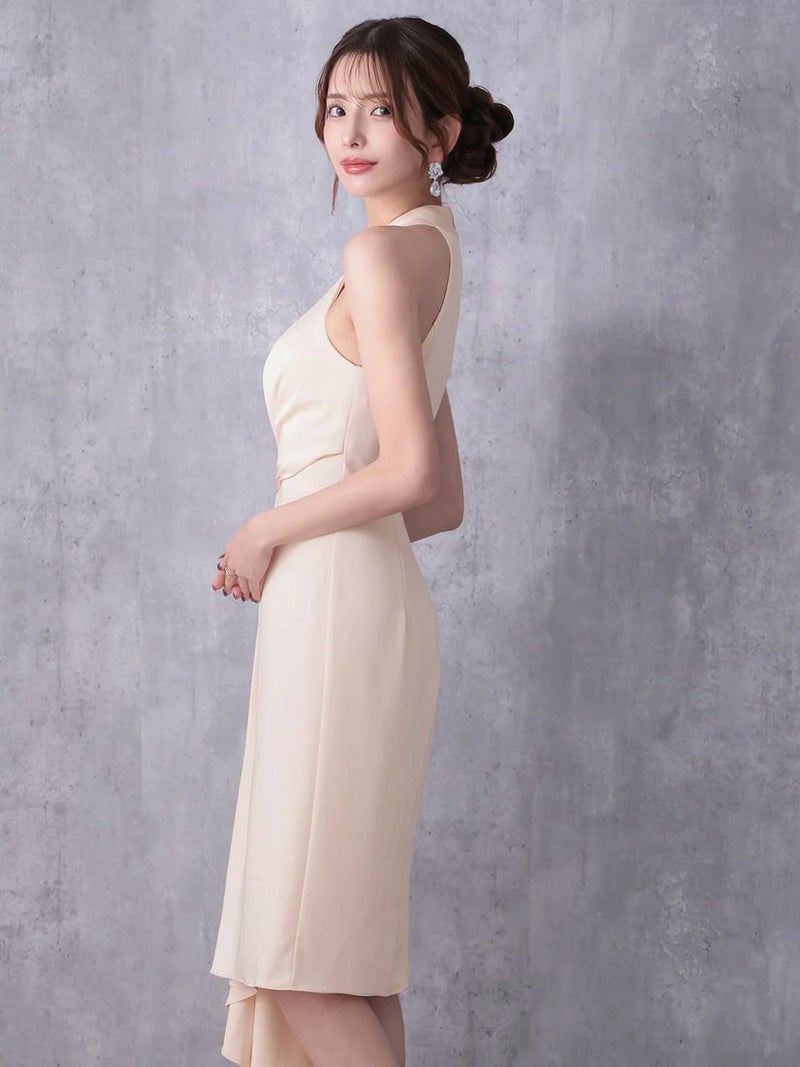 Veautt ヴュート ホルターネックウエストベルトアシンメトリーフレアミディアムドレス  vt022601