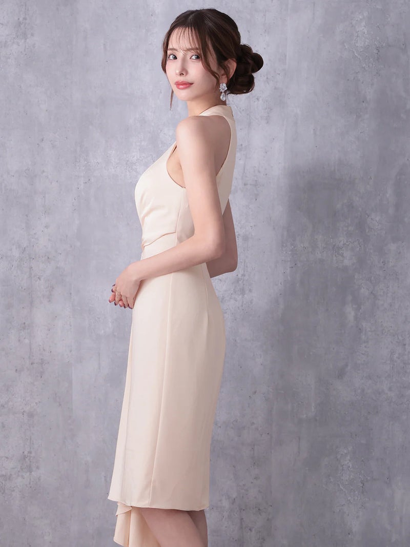 Veautt ヴュート ホルターネックウエストベルトアシンメトリーフレアミディアムドレス  vt022601