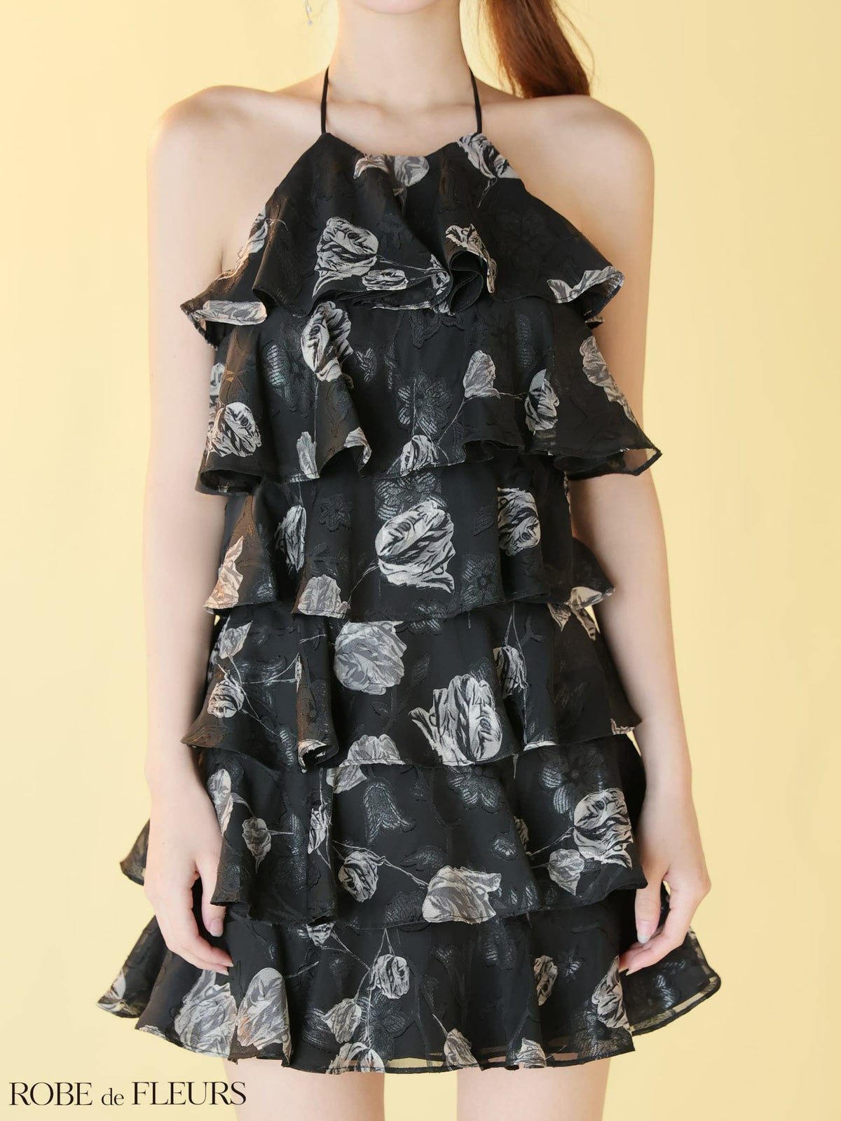 ROBE de FLEURS ローブドフルール 【XSサイズあり】フラワージャガードシフォンティアードミニキャバドレス fm4503-c