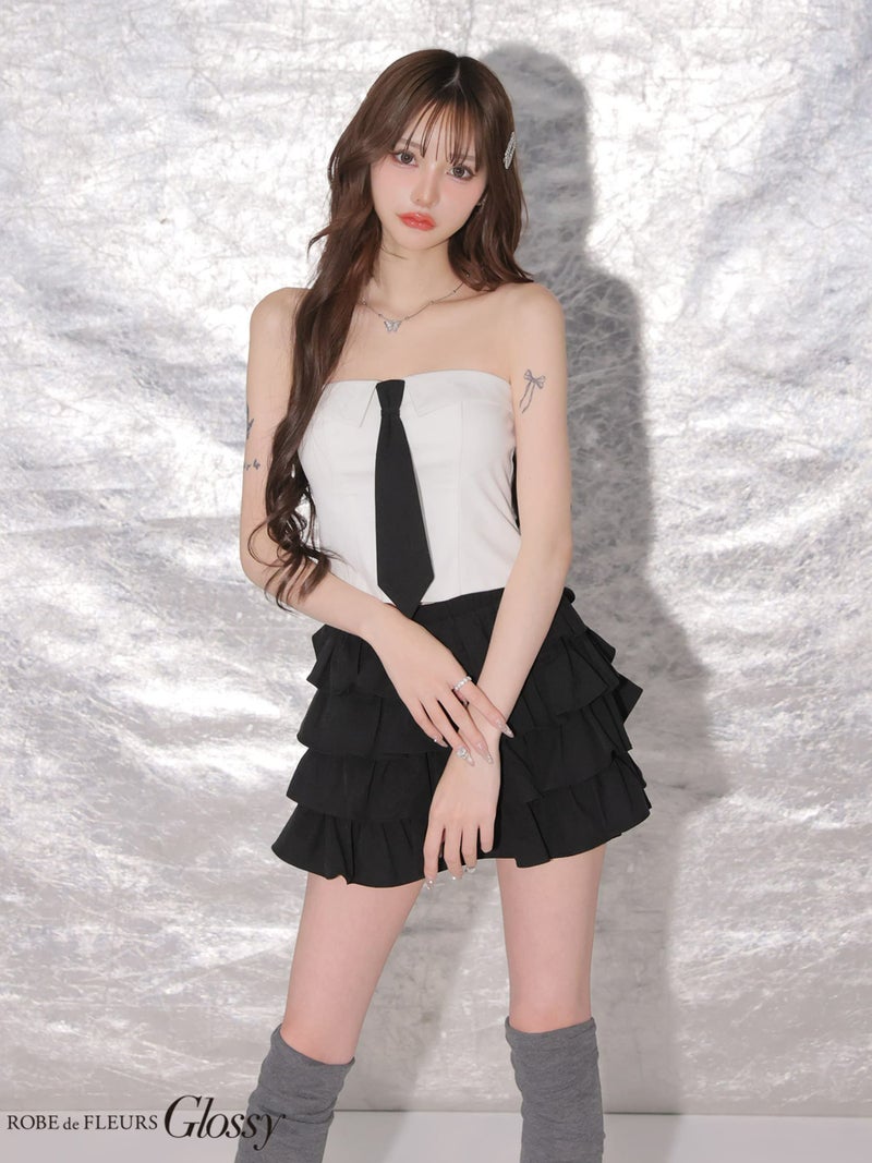 Glossy ローブドフルールグロッシー 【XSサイズあり】ネクタイ付きフリルティアードセットアップミニキャバドレス gl4229-c