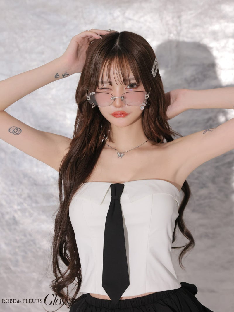 Glossy ローブドフルールグロッシー 【XSサイズあり】ネクタイ付きフリルティアードセットアップミニキャバドレス gl4229-c