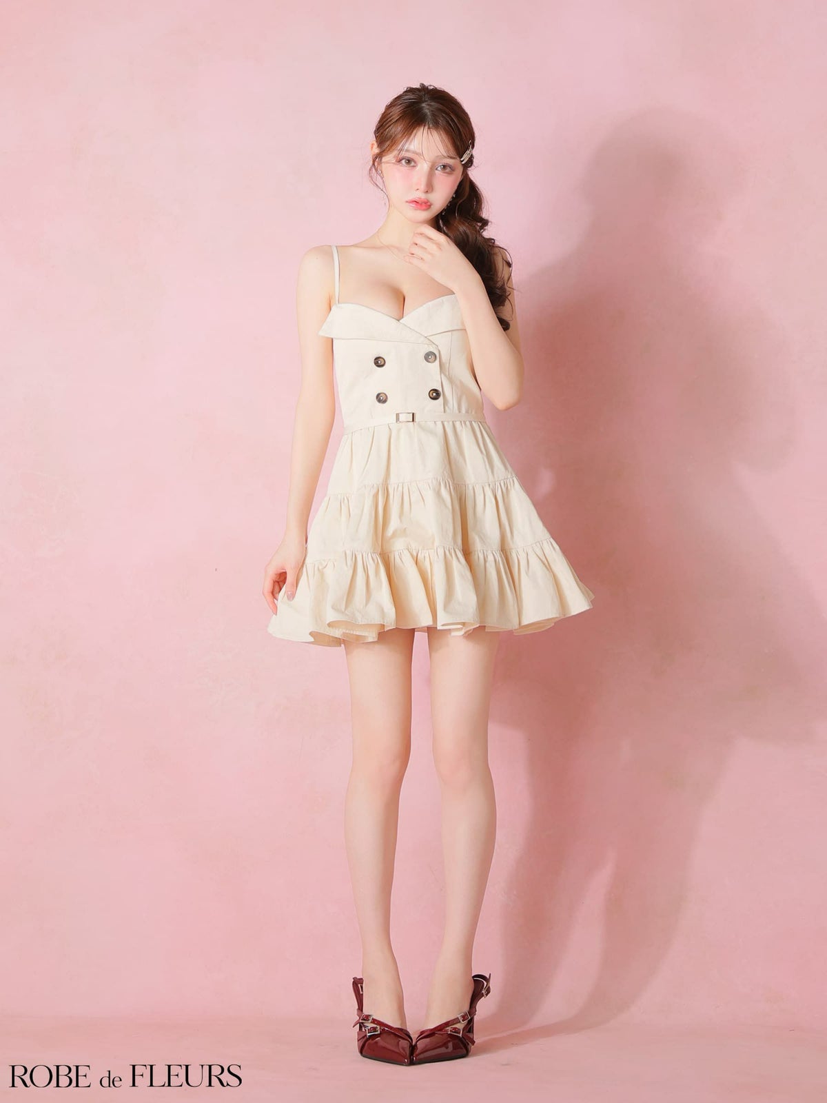 ROBE de FLEURS ローブドフルール 【XSサイズあり】 光沢ツイルダブルボタンティアードミニキャミキャバドレス fm3491-c