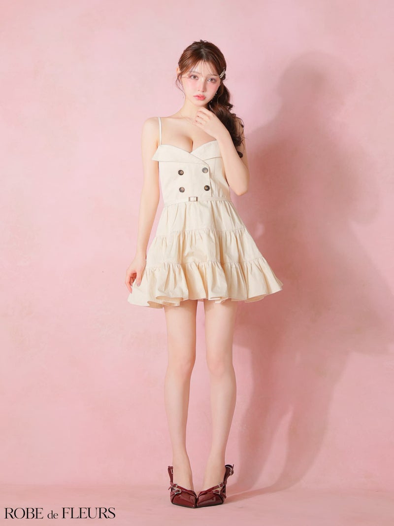 ROBE de FLEURS ローブドフルール 【XSサイズあり】 光沢ツイルダブルボタンティアードミニキャミキャバドレス fm3491-c
