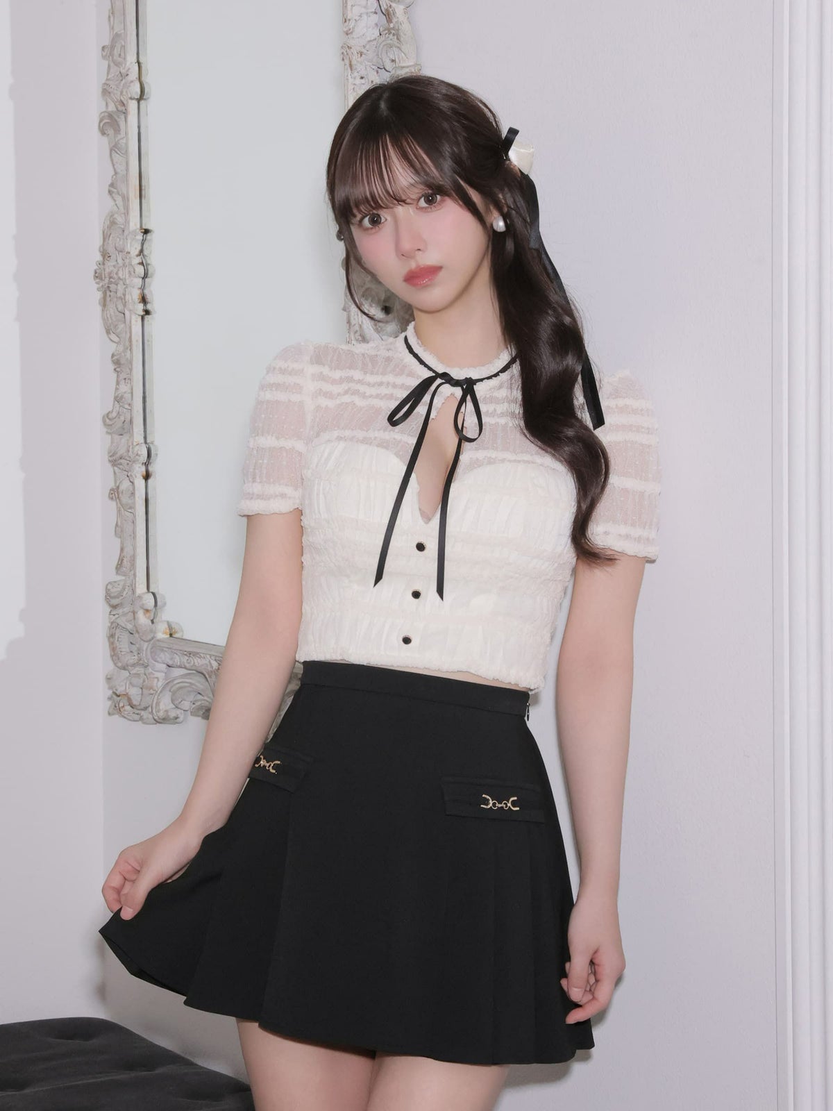 ROBE de FLEURS ローブドフルール 【XSサイズあり】 ドットフリルリボンセットアップミニキャバドレス fm4639-c