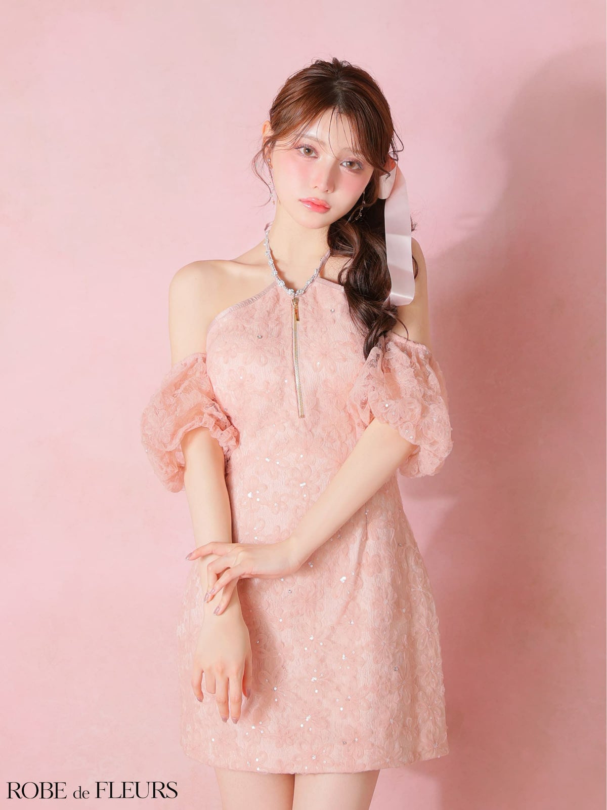 ROBE de FLEURS ローブドフルール 【XSサイズあり】 フラワーレースラメチュールホルタータイトミニキャバドレス fm4404-c