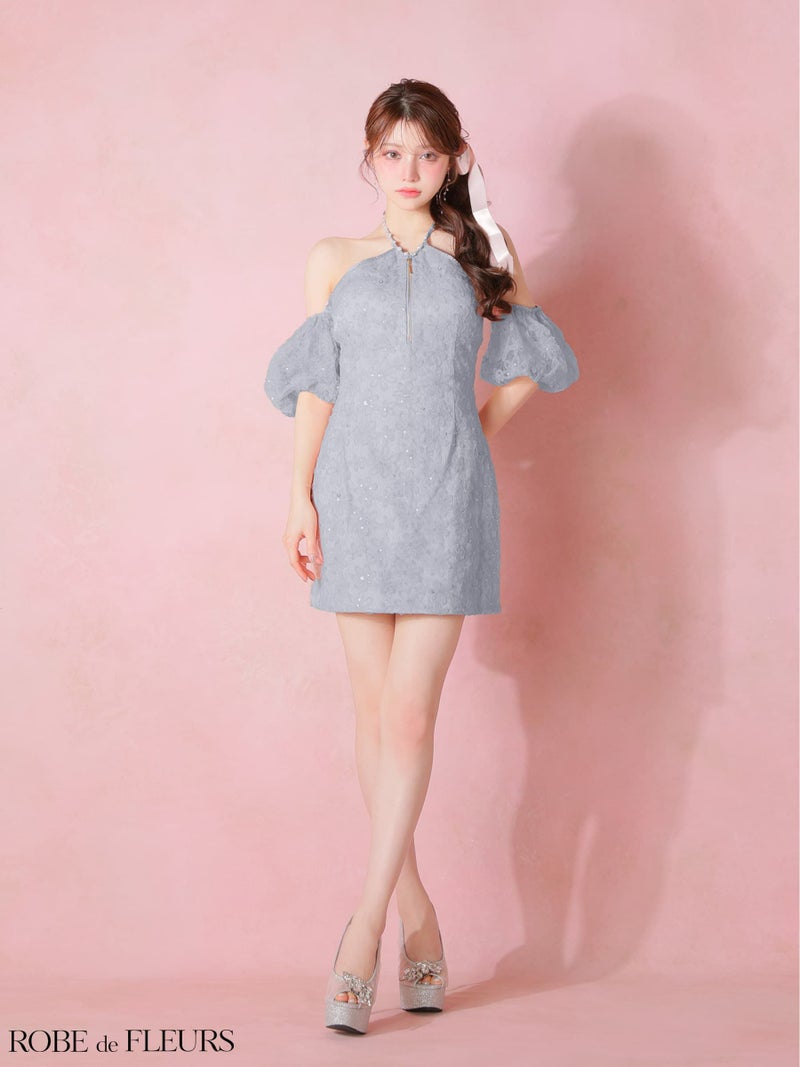 ROBE de FLEURS ローブドフルール 【XSサイズあり】 フラワーレースラメチュールホルタータイトミニキャバドレス fm4404-c