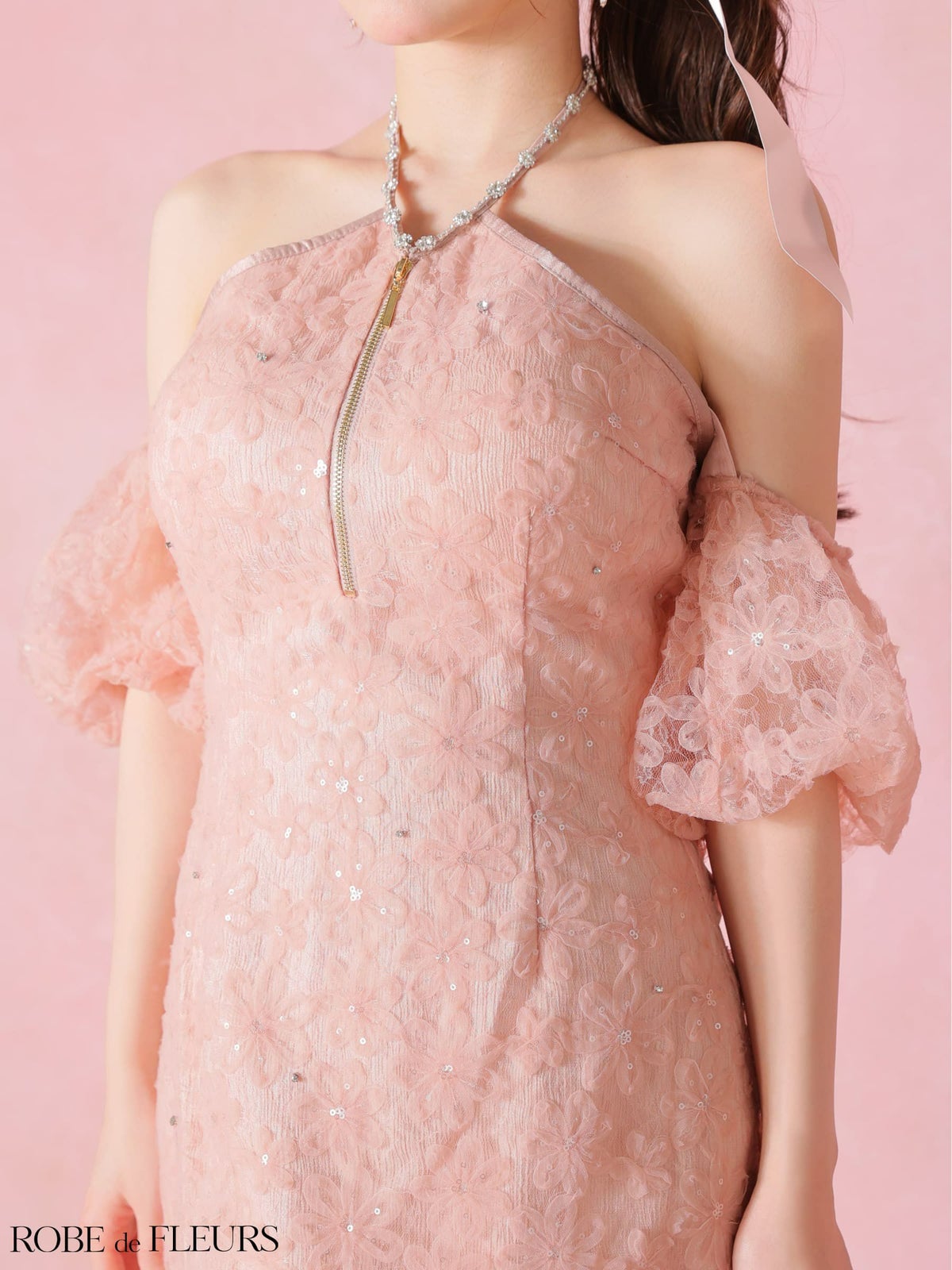 ROBE de FLEURS ローブドフルール 【XSサイズあり】 フラワーレースラメチュールホルタータイトミニキャバドレス fm4404-c
