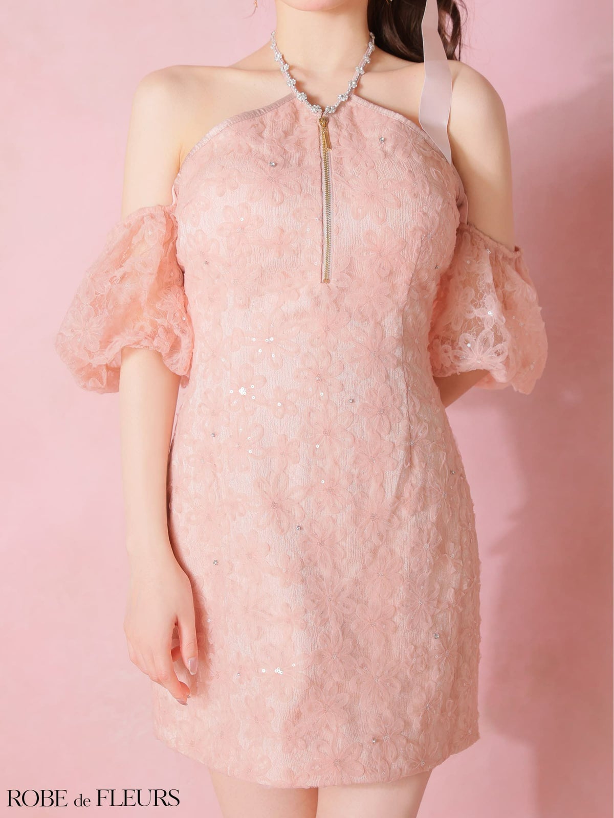 ROBE de FLEURS ローブドフルール 【XSサイズあり】 フラワーレースラメチュールホルタータイトミニキャバドレス fm4404-c