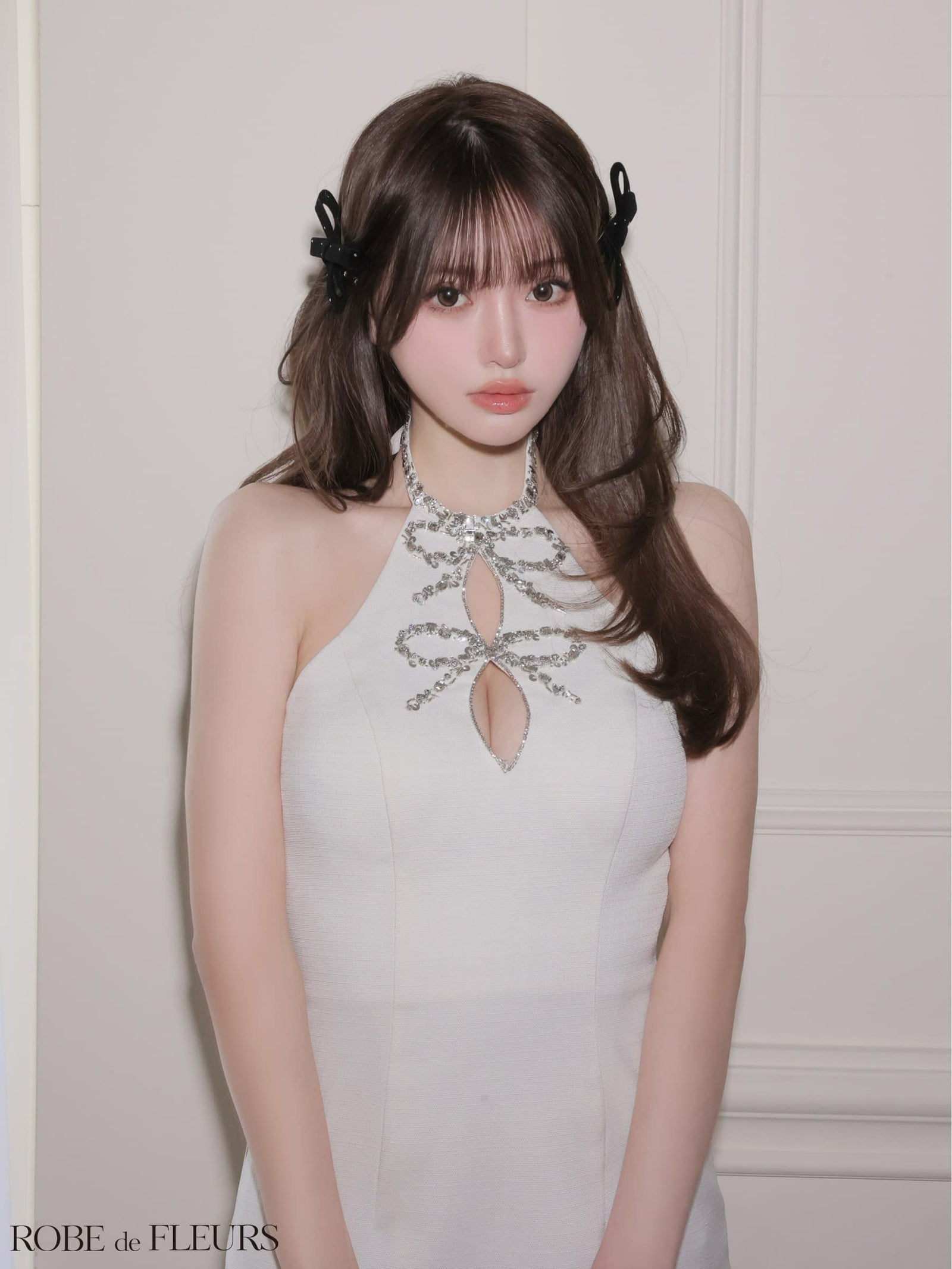 ROBE de FLEURS ローブドフルール 【XSサイズあり】 ツイードビジューリボンホルターミニキャバドレス fm4163-c