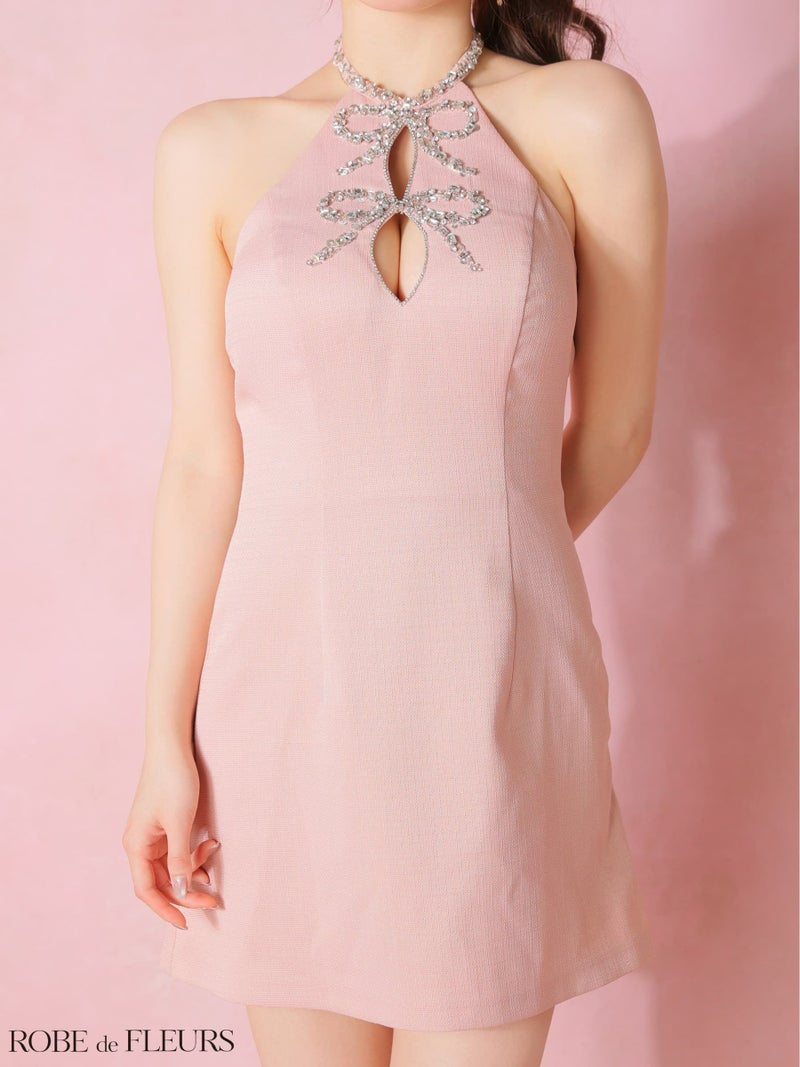 ROBE de FLEURS ローブドフルール 【XSサイズあり】 ツイードビジューリボンホルターミニキャバドレス fm4163-c