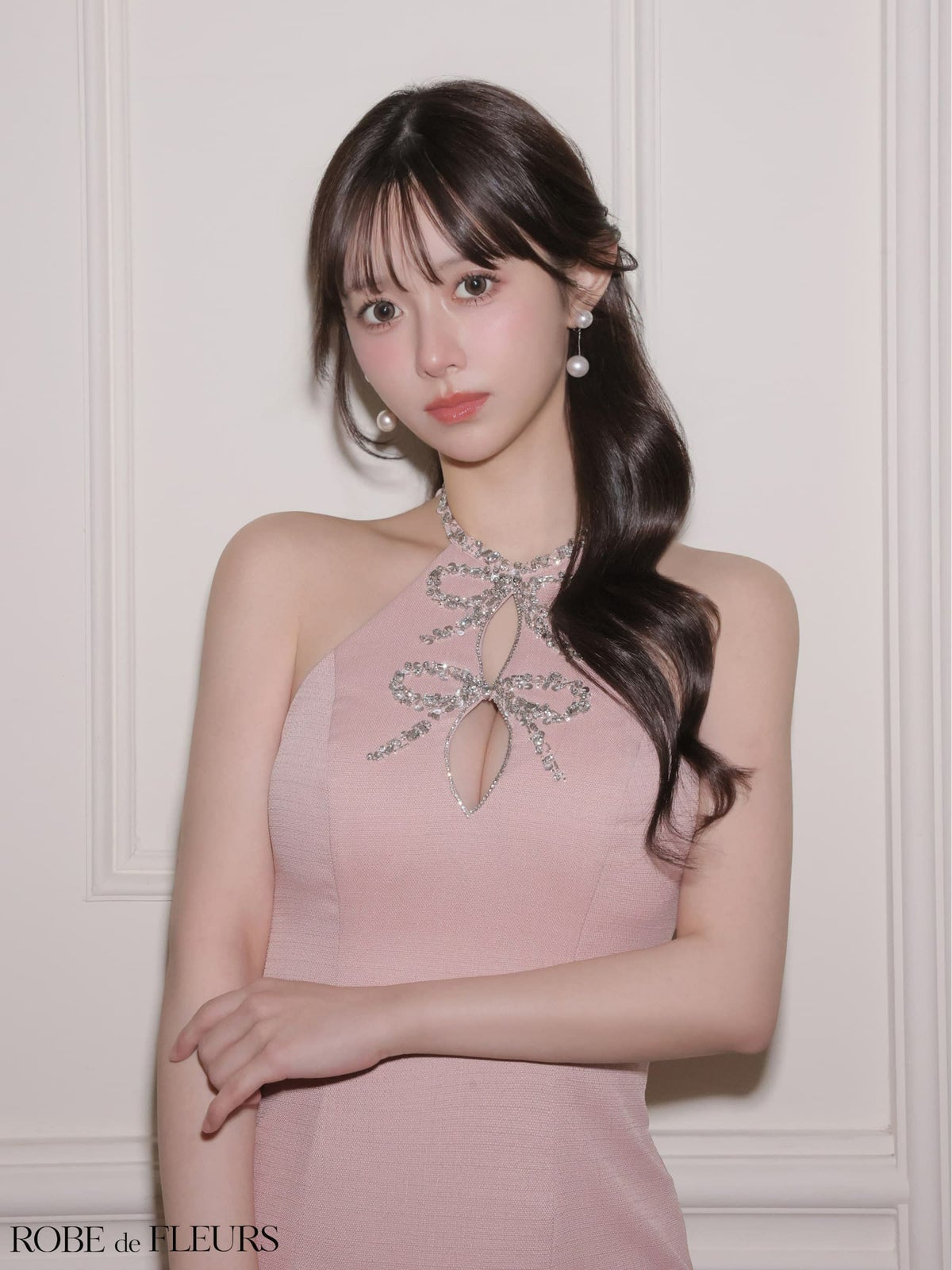 ROBE de FLEURS ローブドフルール 【XSサイズあり】 ツイードビジューリボンホルターミニキャバドレス fm4163-c