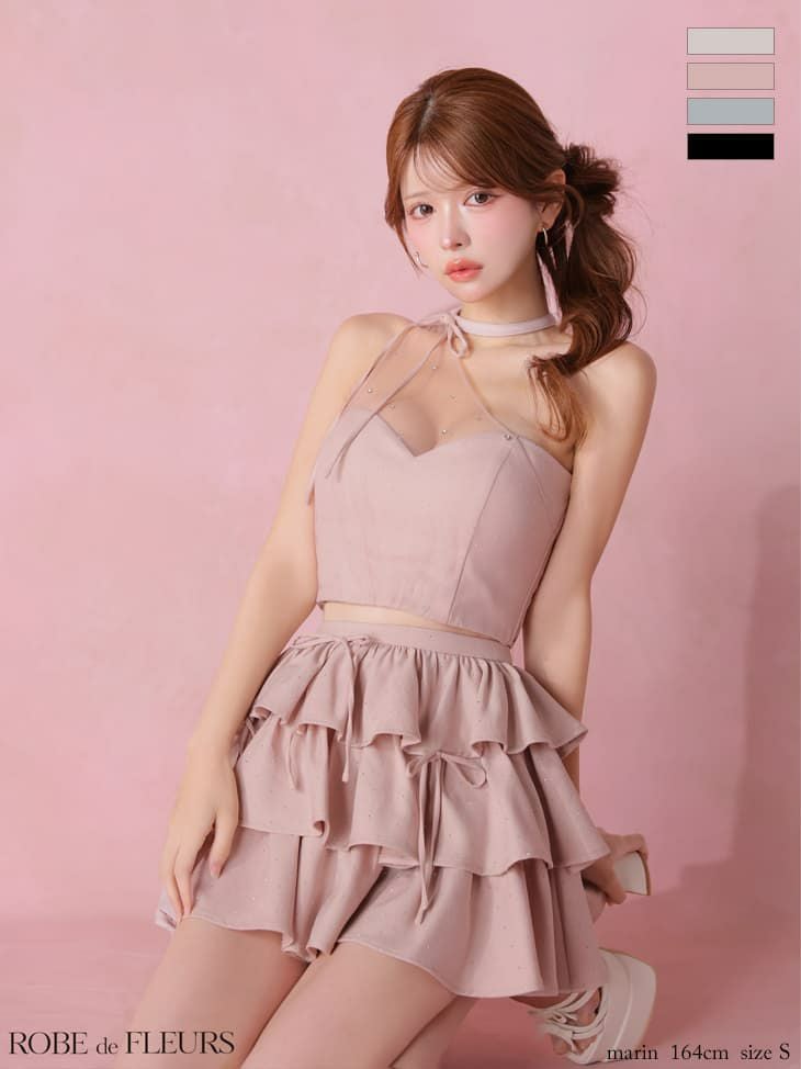 ROBE de FLEURS ローブドフルール 【XSサイズあり】 ストーンワンショルティアードツーピースミニキャバドレス fm4152-c
