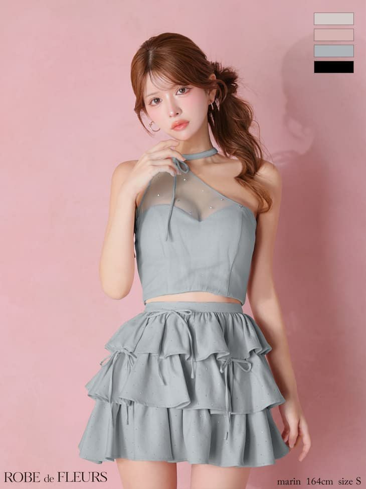 ROBE de FLEURS ローブドフルール 【XSサイズあり】 ストーンワンショルティアードツーピースミニキャバドレス fm4152-c